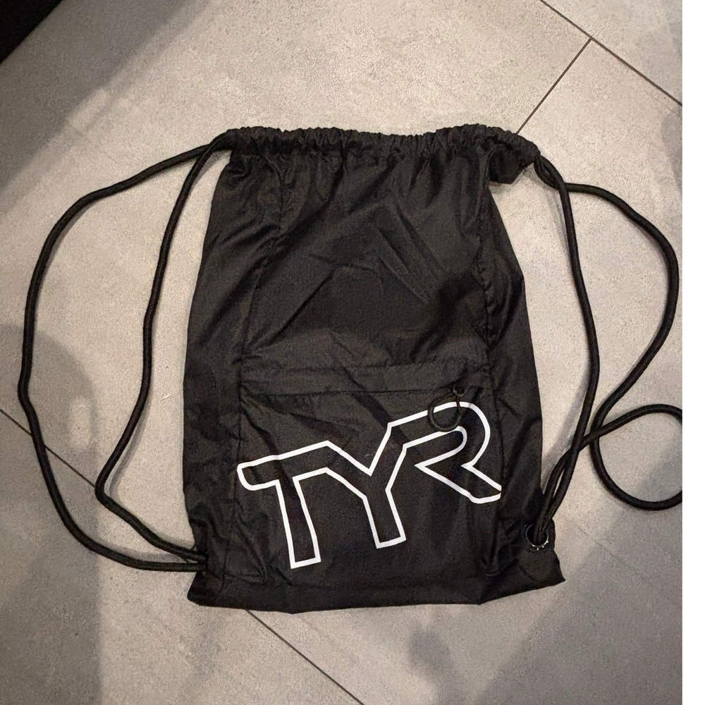 TYR Drawstring Backpack Black Cinch Bag Swim Gym Sack with Front Zipper Pocket